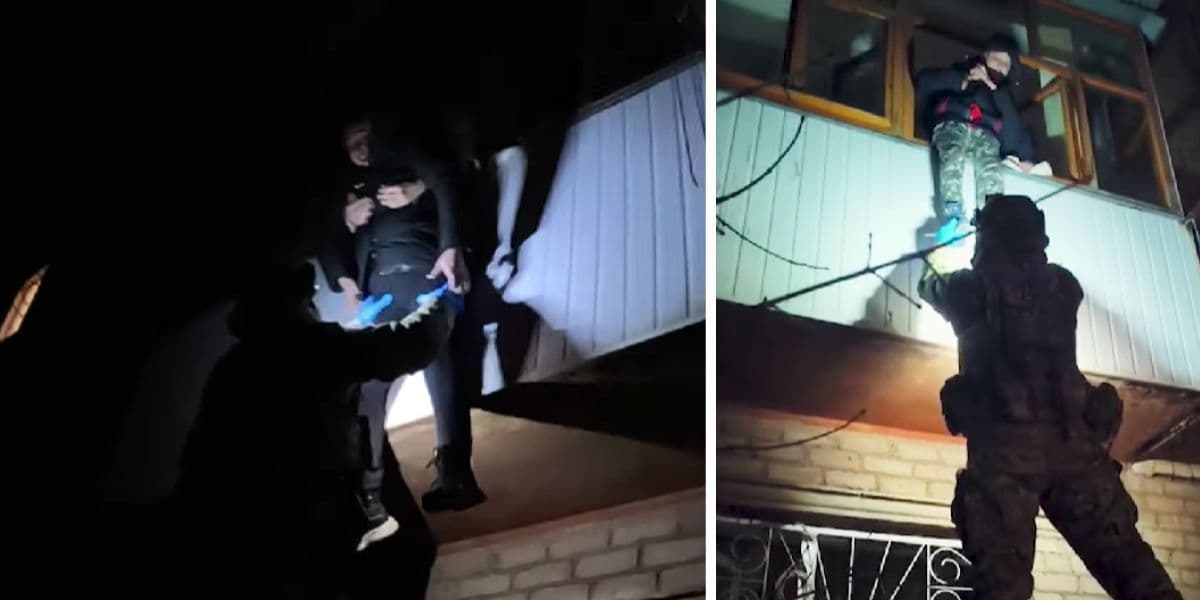 Після удару по Краматорську парамедики поліції рятували дітей через балкон, 12 лютого 2026 року. Скриншот з відео НПУ