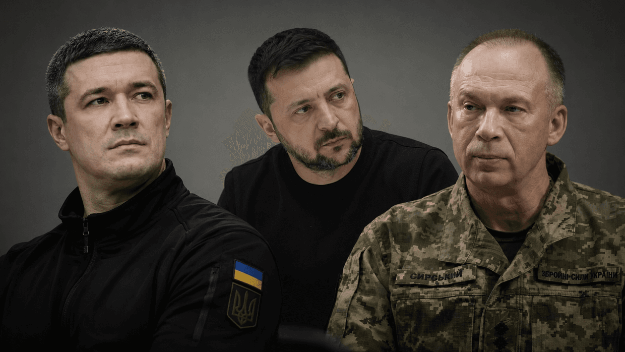 <em>Володимир Зеленський, Михайло Федоров та Олександр Сирський. Зображення створено за допомогою ШІ "Східним Варіантом".</em>