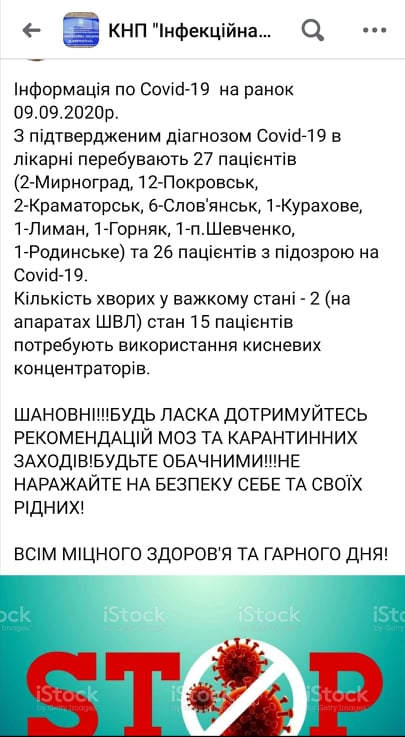 В больнице в Мирнограде находятся 27 пациентов с COVID-19 из разных городов Донетчины: 2 человека в тяжелом состоянии