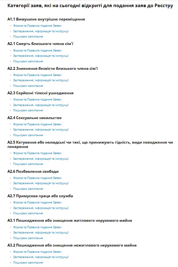 На сегодняшний день открыты 10 из 43-х категорий, по которым пострадавшие могут подать свои заявления.